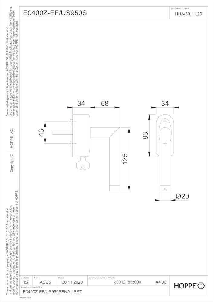 Eine technische Zeichnung einer Türklinke mit Abmessungen: Seitenansicht zeigt 58 mm Tiefe, 125 mm Höhe; Vorderansicht 83 mm Höhe, 34 mm Tiefe.
