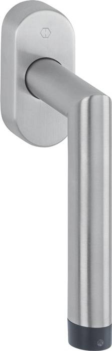 Nahaufnahme eines modernen Fenstergriffs aus gebürstetem Metall mit rechteckiger Rosette und gekrümmtem Hebel, vor weißem Hintergrund dargestellt.