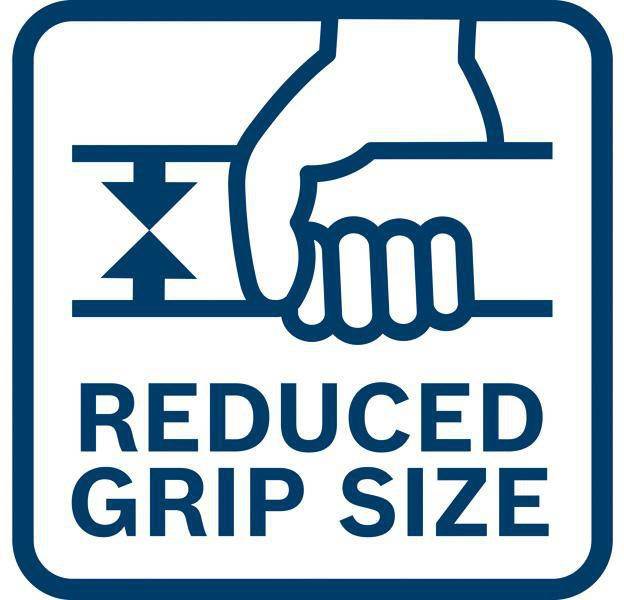 Symbol mit einer Hand, die einen kleineren Griff umfasst, mit dem Text „REDUZIERTE GRIFFGRÖSSE", das einen reduzierten Griff- oder Handgriffumfang anzeigt.