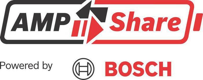 AMPshare-Logo mit „Powered by BOSCH"-Branding und Bosch-Emblem auf weißem Hintergrund.