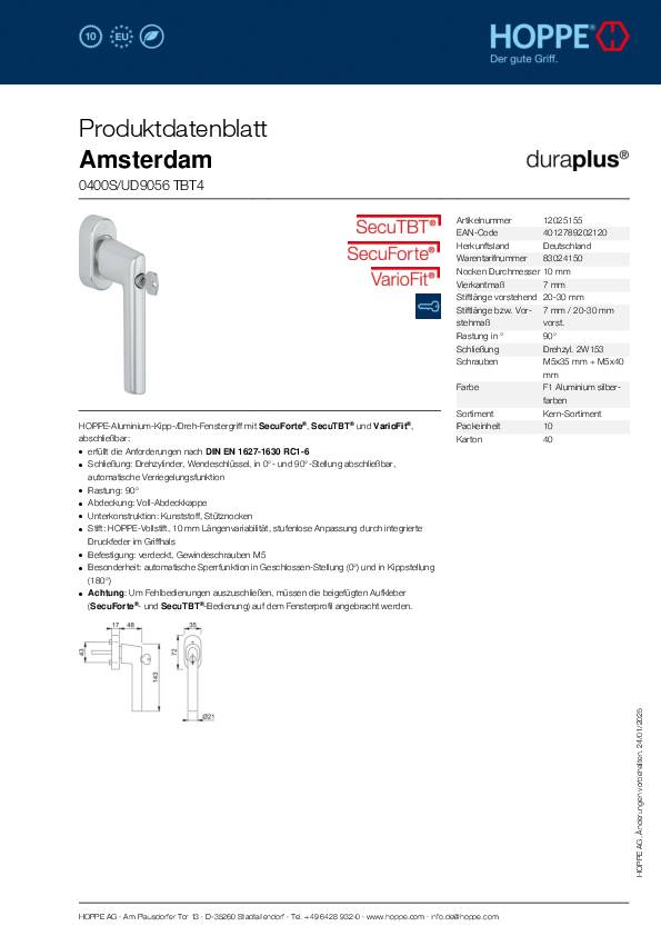 Fenstergriff Ams.E038S/UD9056 Alu.20-30mm F1/silberfarbig HOPPE
