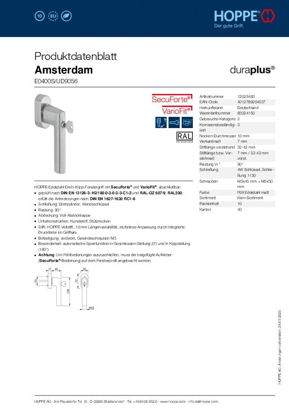 Fenstergriff Ams.E0400S/UD9056 VA F69/matt 32-42mm HOPPE