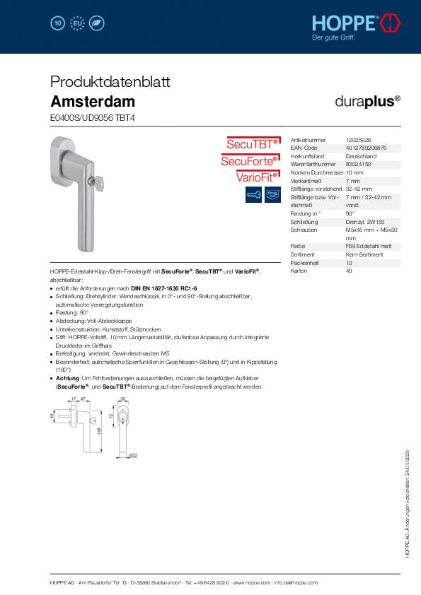 Fenstergriff Ams.E0400S/UD9056 TBT4 VA 32-42mm F69/matt HOPPE