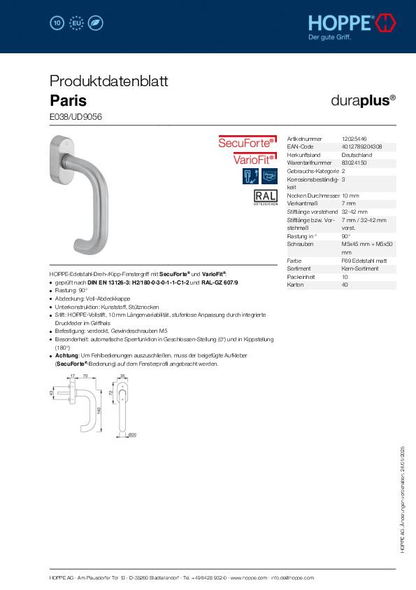 Fenstergriff Paris E038/UD9056 VA F69/matt 32-42mm