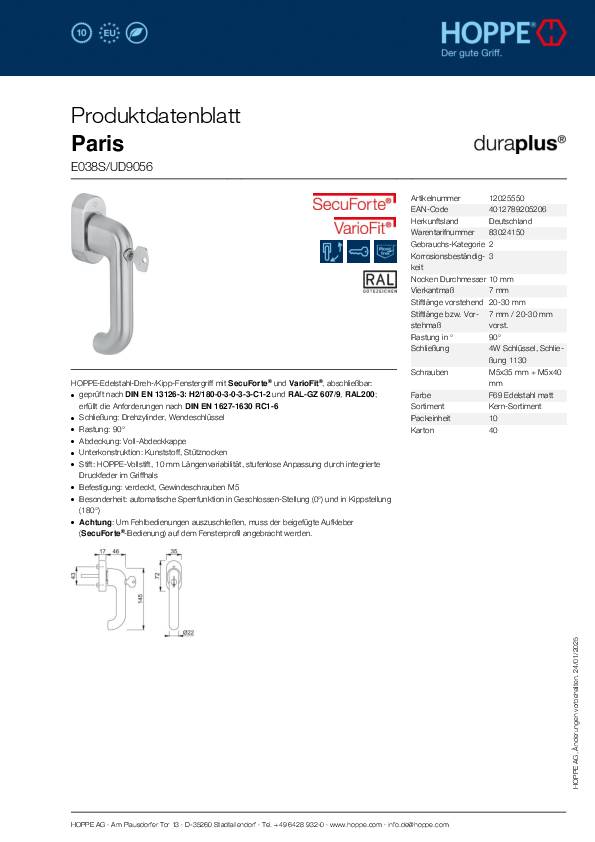 Fenstergriff Paris E038S/UD9056 VA F69/matt 20-30mm HOPPE