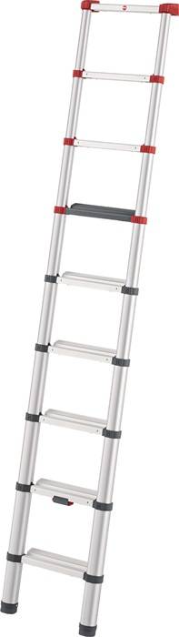 Ausziehbare Aluminium-Leiter mit mehreren Sprossen, vollständig ausgefahren und aufrecht angelehnt.