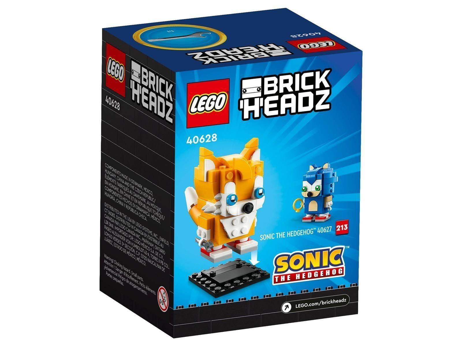 LEGO BrickHeadz Sonic the Hedgehog Box mit Tails-Bauwerk, Set 40628, mit Sonic-Branding und einer kleinen Figurenillustration auf der Vorderseite.