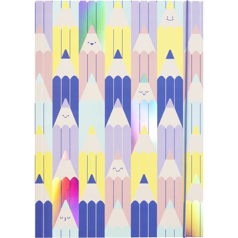 Notizbuch-Umschlag mit illustrierten, lächelnden Bleistiftdesigns in pastellfarbenen Tönen.