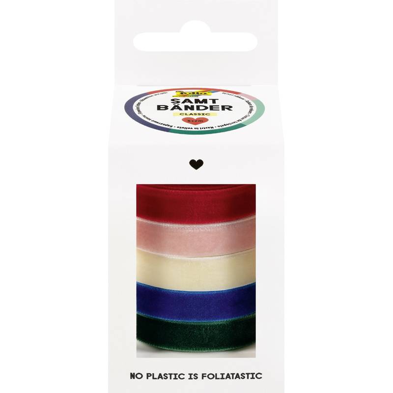 Ein Karton mit farbigen Bändern, beschriftet mit 'Samt Bänder Classic.' Text darunter liest sich: 'Kein Plastik ist foliatastisch.