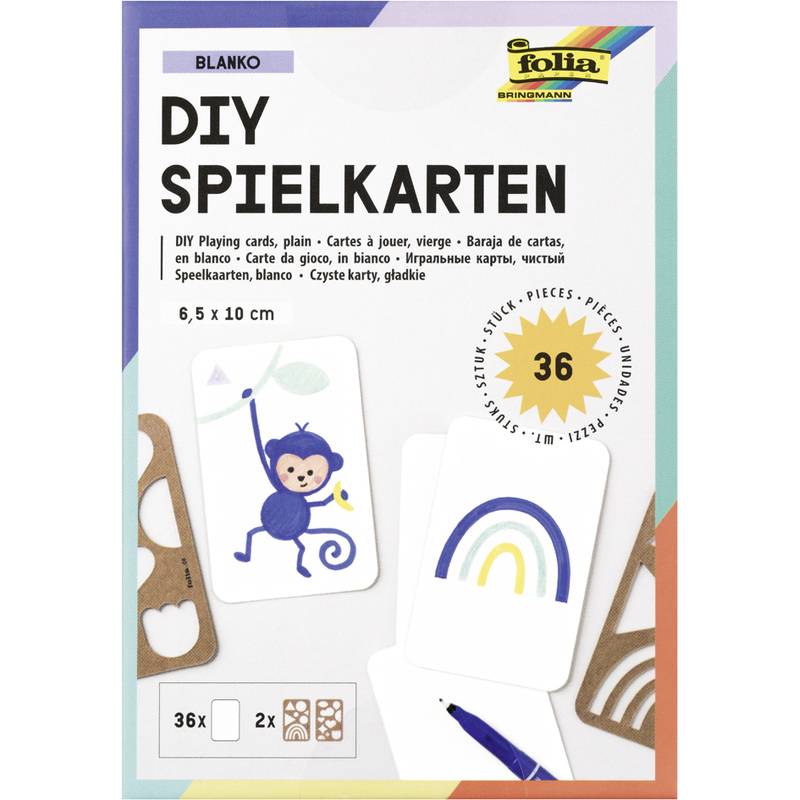 DIY Spielkarten-Set mit einer Zeichnung eines Affen und einem Regenbogen. Enthält 36 leere Spielkarten für kreative Aktivitäten.