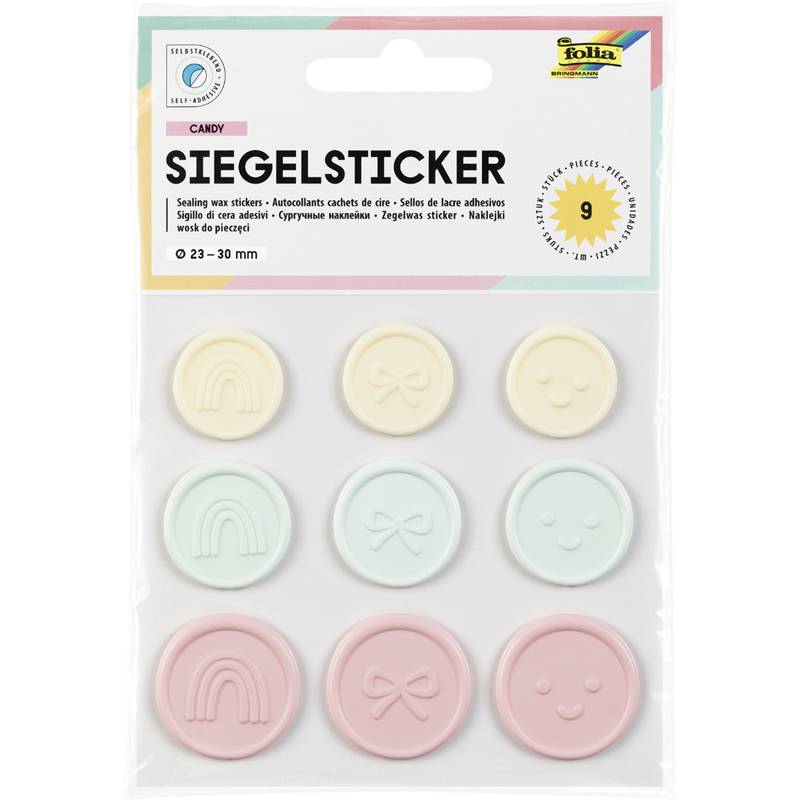 Eine Packung bunter runder Siegelsticker mit Designs, die eine Schleife, einen Regenbogen und ein Smiley-Gesicht in Pastellfarben umfassen. Auf der Verpackung steht 
