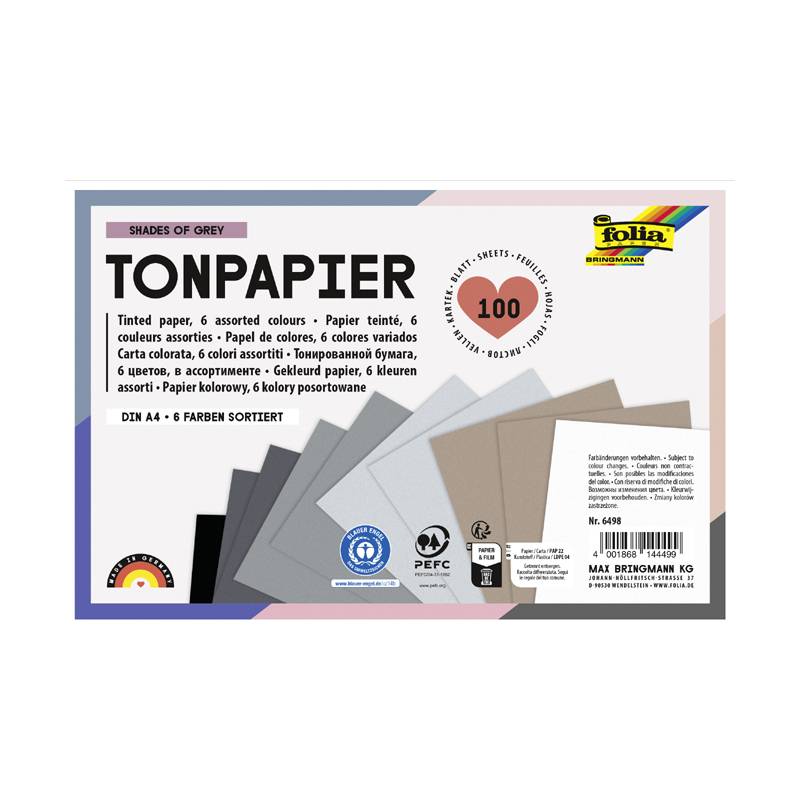 Schattierungen Grau' Tonpapierblock mit 100 Blatt in verschiedenen Grautönen, 6 Abstufungen, Größe DIN A4, von Folia.
