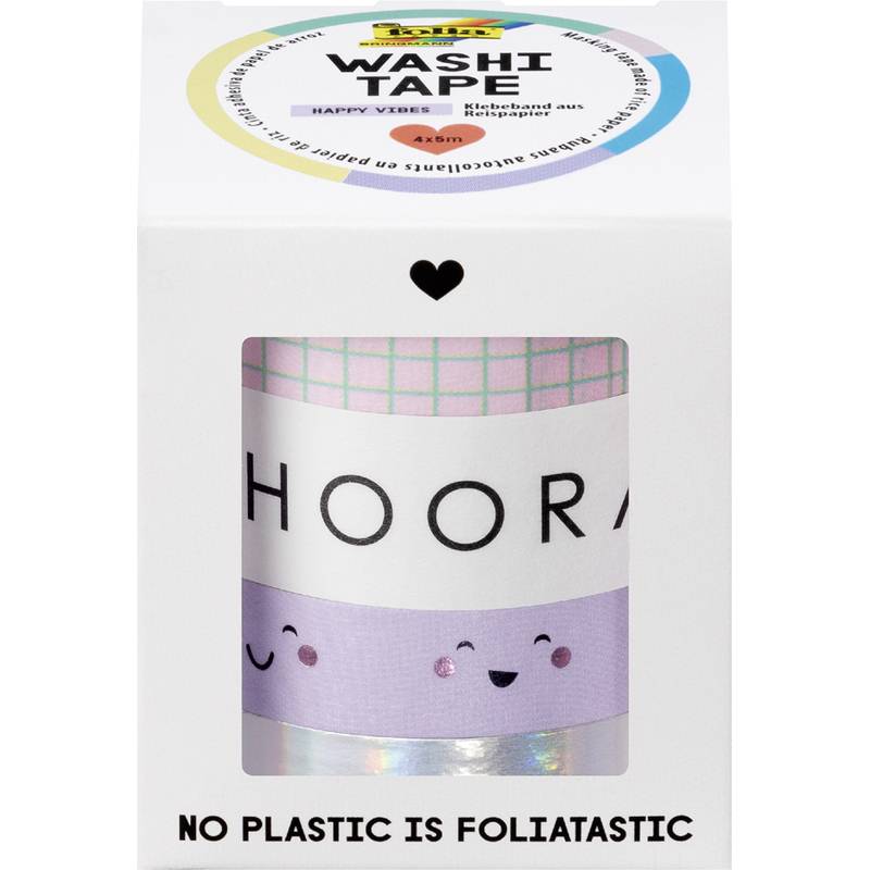 Ein Paket bunten Washi-Klebebands mit dem Wort 'HOORAY' und lächelnden Gesichtern. Die Etikette besagt 'No plastic is foliataSTIC.