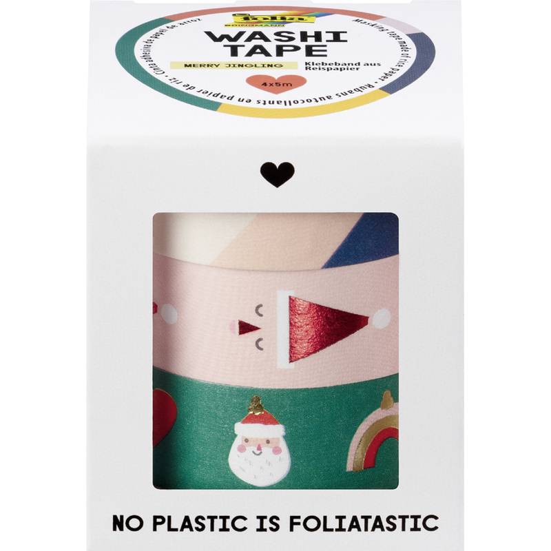 Eine Schachtel, die eine Rolle dekorativen Washi-Bandes mit weihnachtlichen Illustrationen zeigt, einschließlich Weihnachtsmann und festlicher Symbole. Text lautet: 'Kein Plastik ist foliatastisch'.