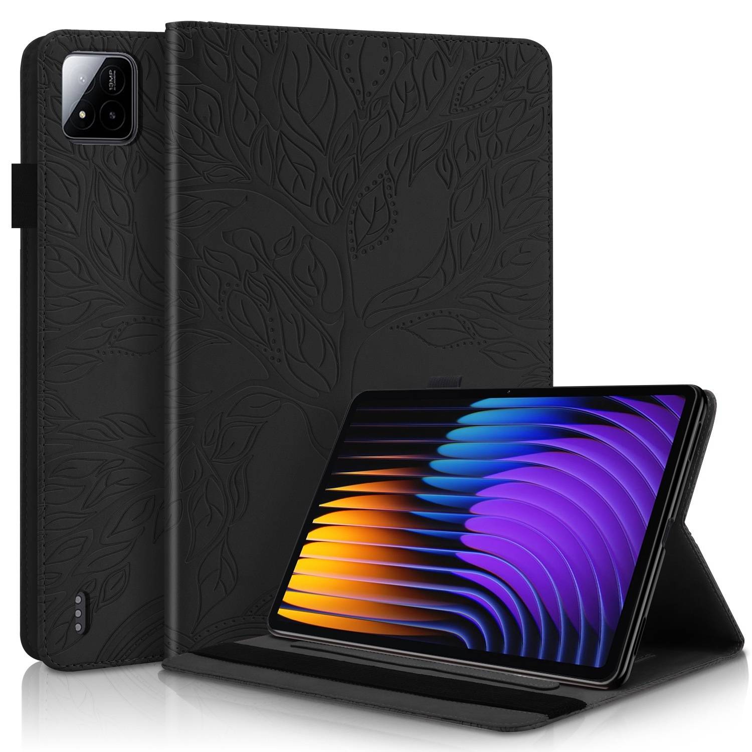 Für Xiaomi Pad 7 / 7 Pro aufstellbare Baum Muster Kunstleder Hülle Tasche Case Schwarz