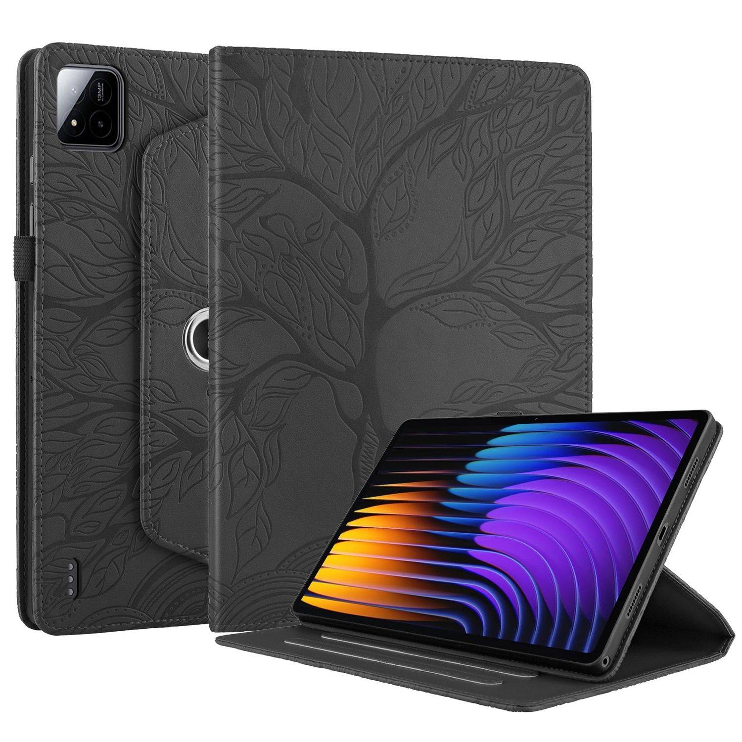 Für Xiaomi Pad 7 / 7 Pro 360 Grad Rotation Baum Muster Kunstleder Hülle Tasche Schwarz