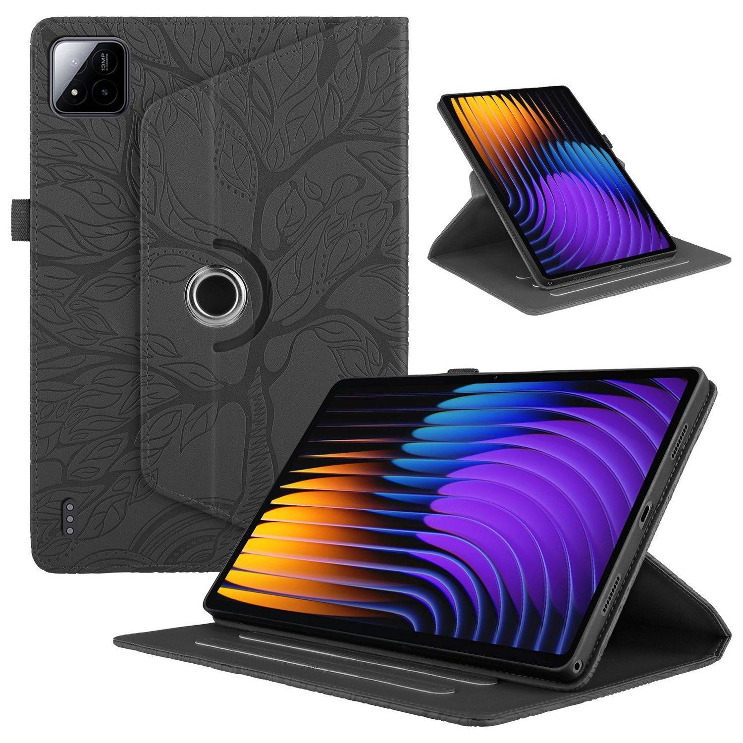 Für Xiaomi Pad 7 / 7 Pro 360 Grad Rotation Baum Muster Kunstleder Hülle Tasche Schwarz