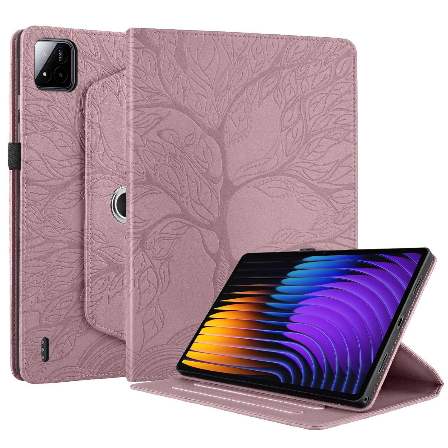 Für Xiaomi Pad 7 / 7 Pro 360 Grad Rotation Baum Muster Kunstleder Hülle Tasche Pink
