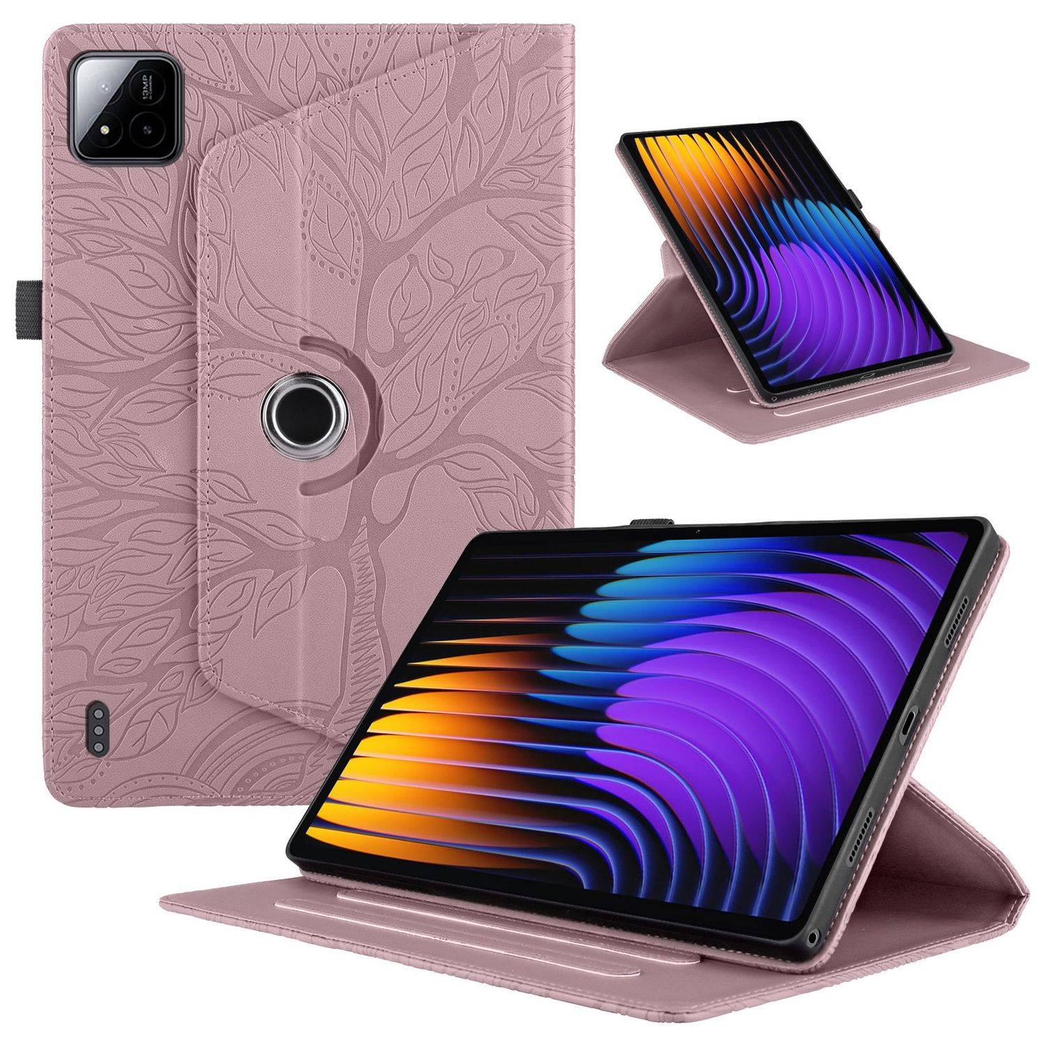 Für Xiaomi Pad 7 / 7 Pro 360 Grad Rotation Baum Muster Kunstleder Hülle Tasche Pink