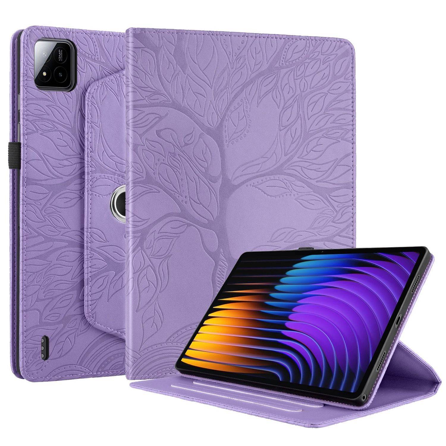 Für Xiaomi Pad 7 / 7 Pro 360 Grad Rotation Baum Muster Kunstleder Hülle Tasche Lila