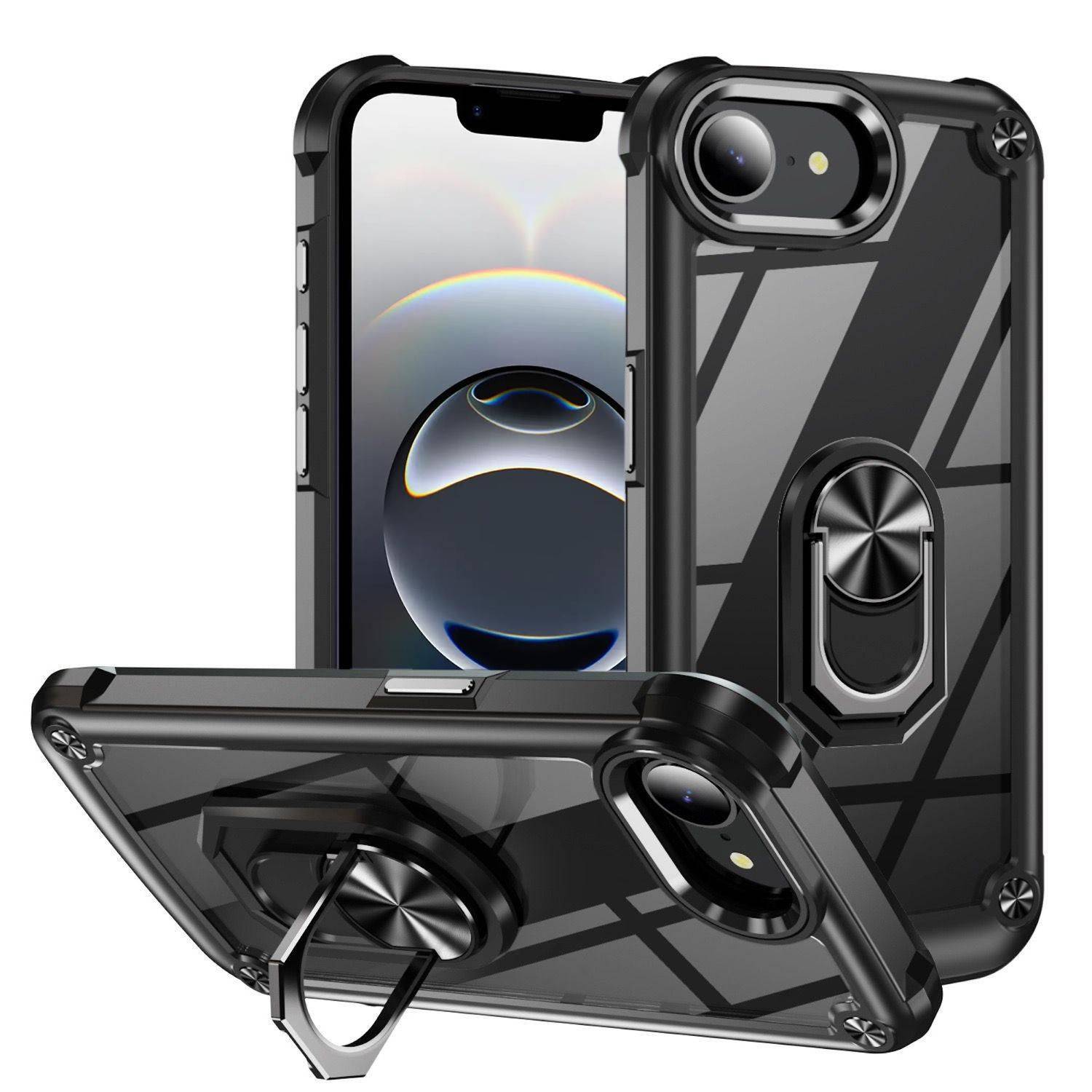 Für Apple iPhone 16e TPU + PC Hülle mit Linsenschutz und Ringhalter Case Schwarz