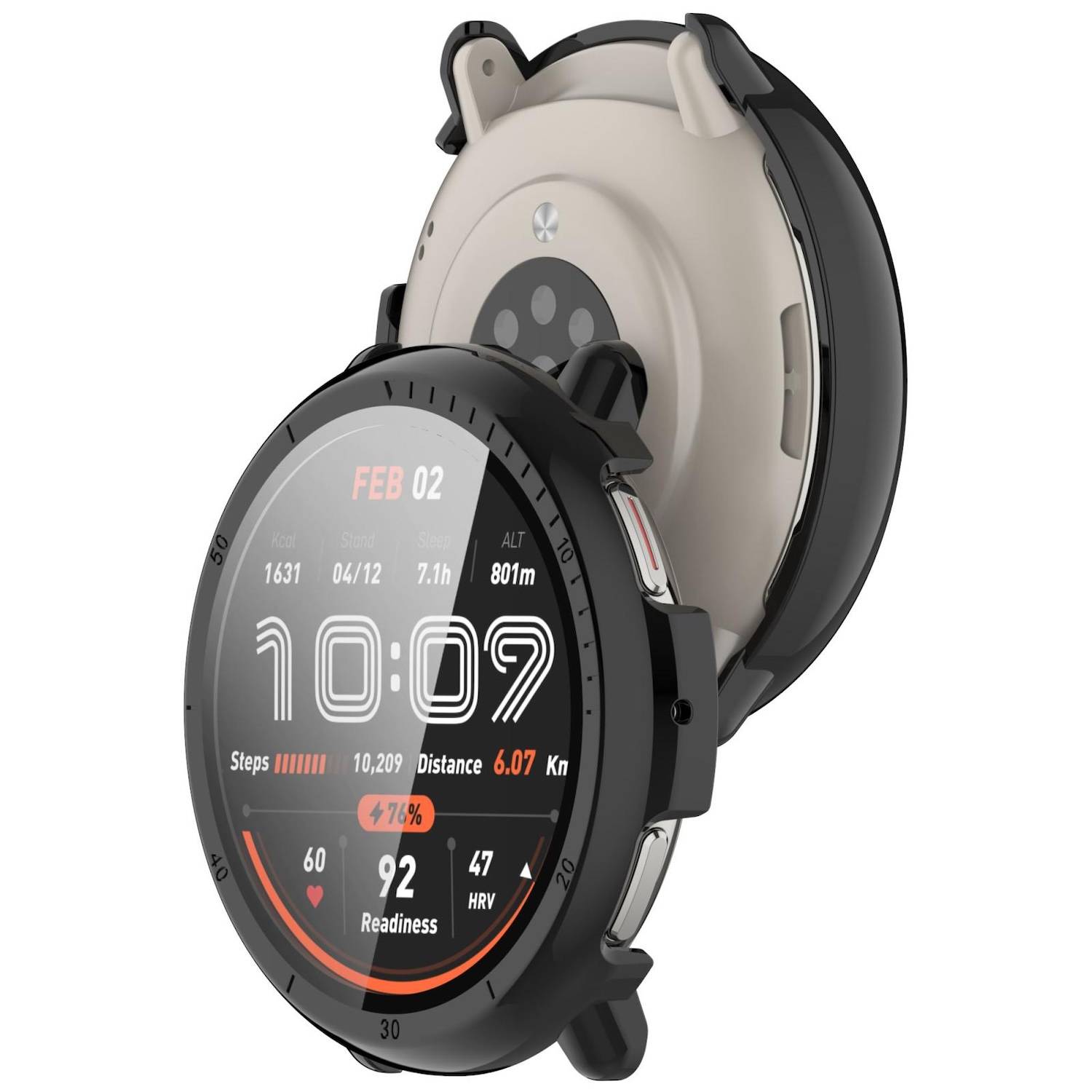 Für Amazfit Active 2 Kunststoff PC Smart Hülle Case + Tempered H9 Hart Glas Schwarz