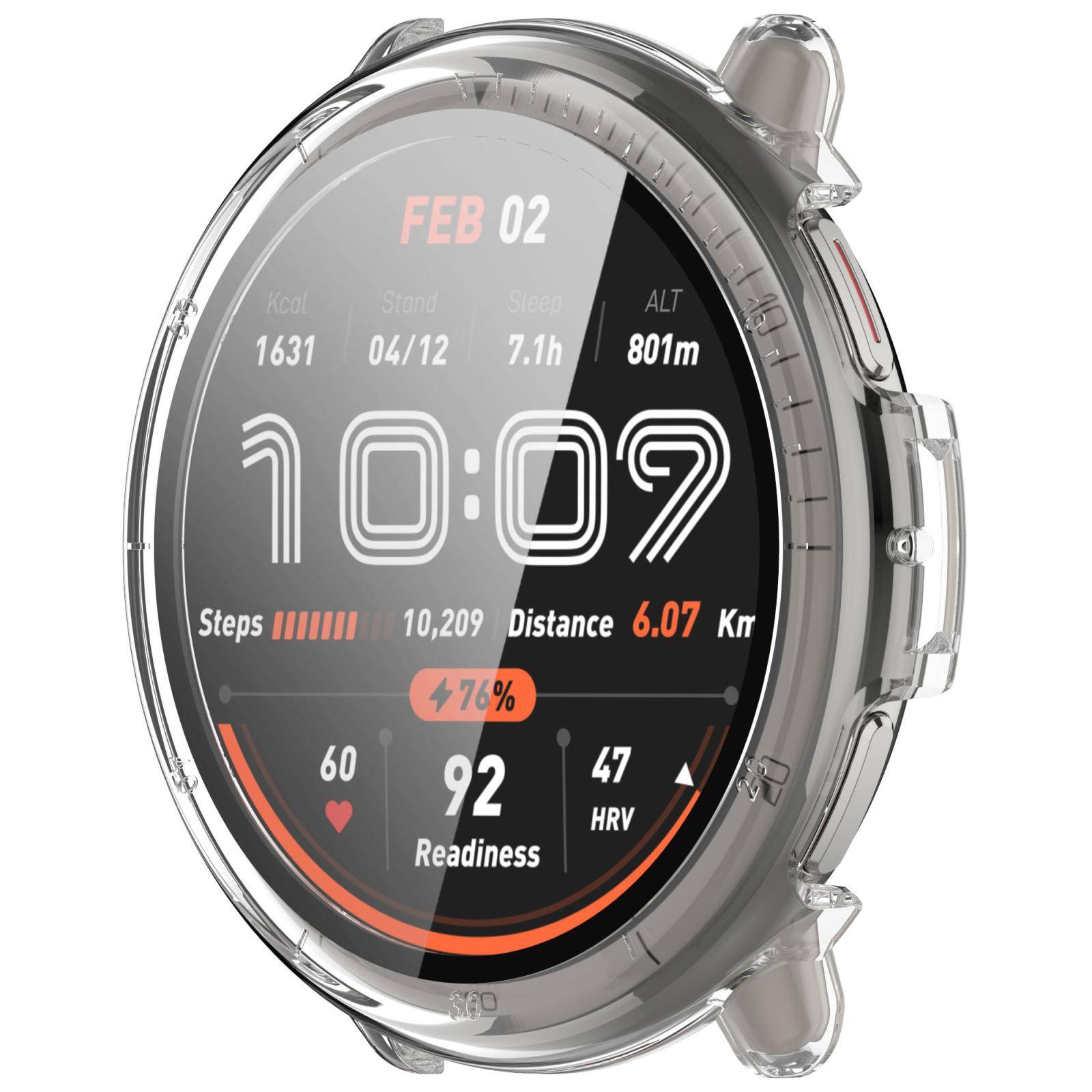 Runde Smartwatch mit Fitness-Dashboard: Uhrzeit 10:02, Datum 2. Februar, Schritte 10.209, Strecke 6,07 km, Bereitschaft 92, Höhe 801 m, HRV 47.
