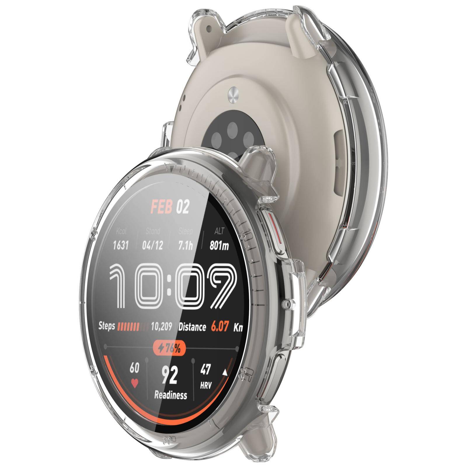 Runde transparente Smartwatch mit rundem digitalem Display, das Fitness-Statistiken anzeigt, Uhrzeit 10:09, Datum 2. Februar, Schritte, Distanz, Herzfrequenz und Bereitschaft.