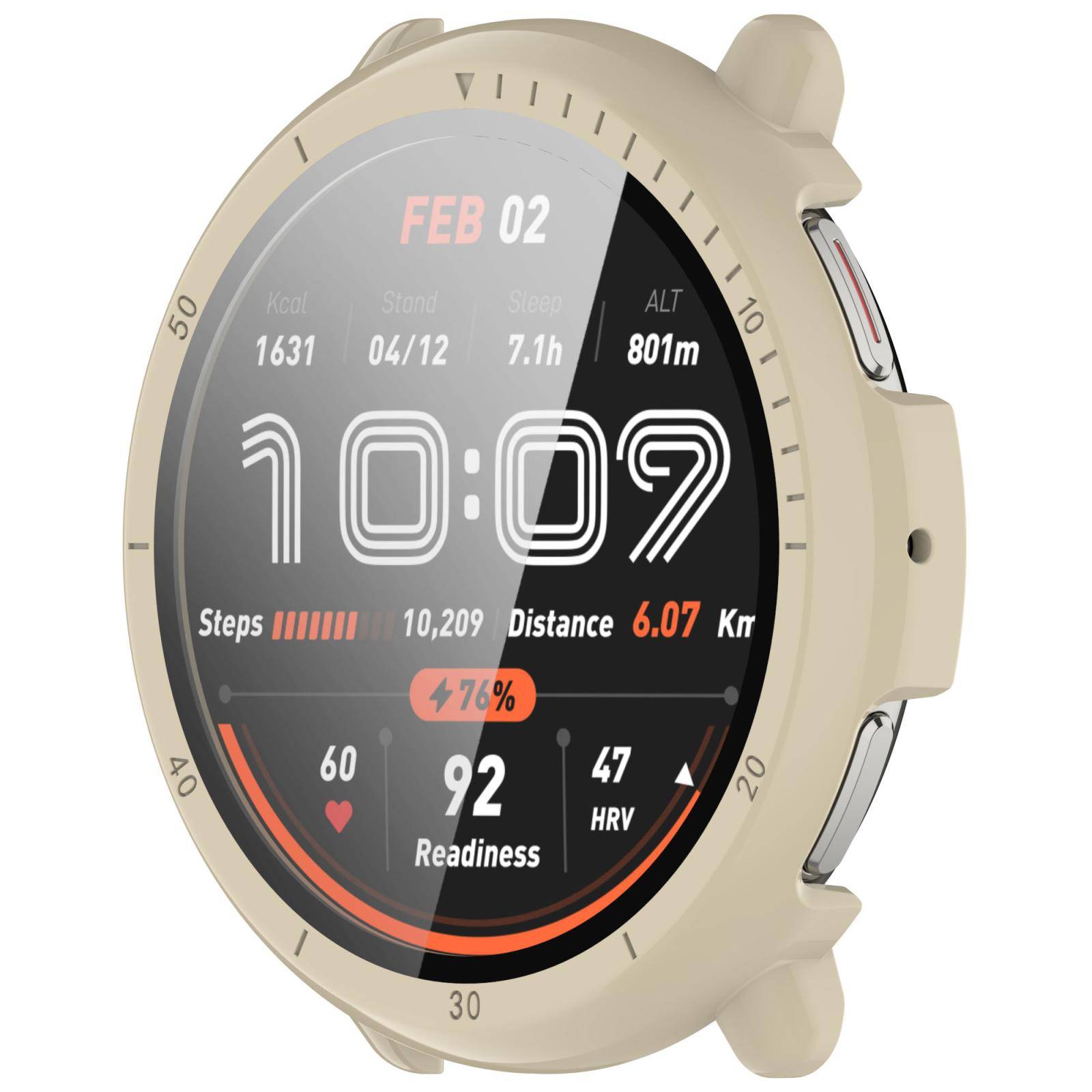 Eine beige Smartwatch zeigt ein Fitness-Dashboard mit der Uhrzeit 10:07, dem Datum 02.02., der Herzfrequenz 92, Schritte 10.209, Entfernung 6,07 km und Höhe 801 m.