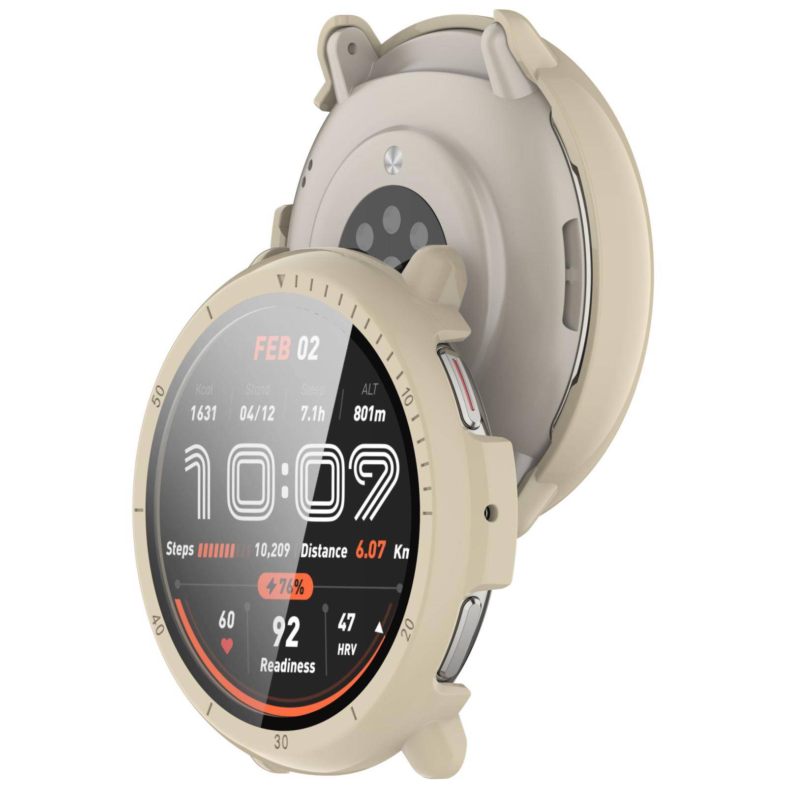 Beigefarbige runde Smartwatch mit digitalem Fitness-Dashboard, das die Uhrzeit 10:09, das Datum 02.02., Schritte, Entfernung, Herzfrequenz, HRV, Höhenlage und Fitness-Bereitschaft anzeigt.