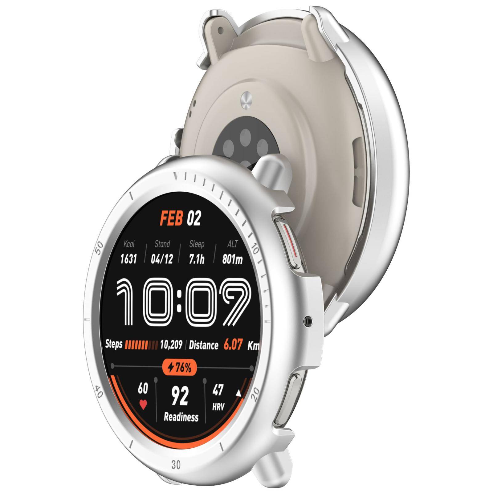 Silberfarbige runde Smartwatch mit offener Ladeschale, zeigt ein Health-Dashboard mit: 02. Feb., 10:07, Schritte, Distanz, Schlaf, Höhe, Bereitschaft, Herzfrequenz und HRV.