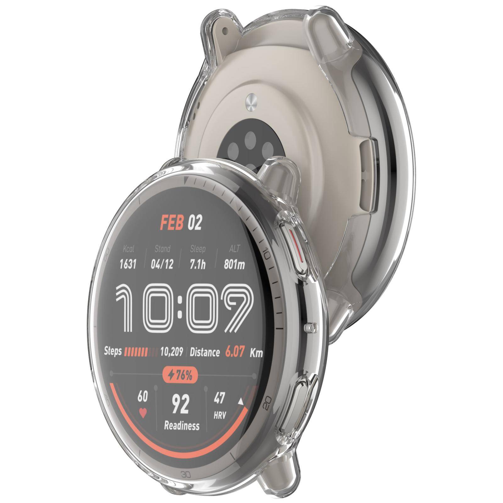 Runde transparente Smartwatch von vorne und hinten, mit digitalem Fitness-Display zeigt die Uhrzeit 10:09, Datum FEB 02, Schritte, Strecke, Herzfrequenz und Bereitschaftsscore.