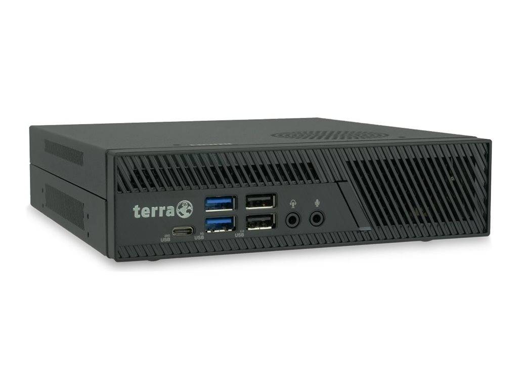 Schwarzer kompakter Computer-Tower mit USB-Anschlüssen, Einschaltknopf und 'terra' Logo auf dem Frontpanel.