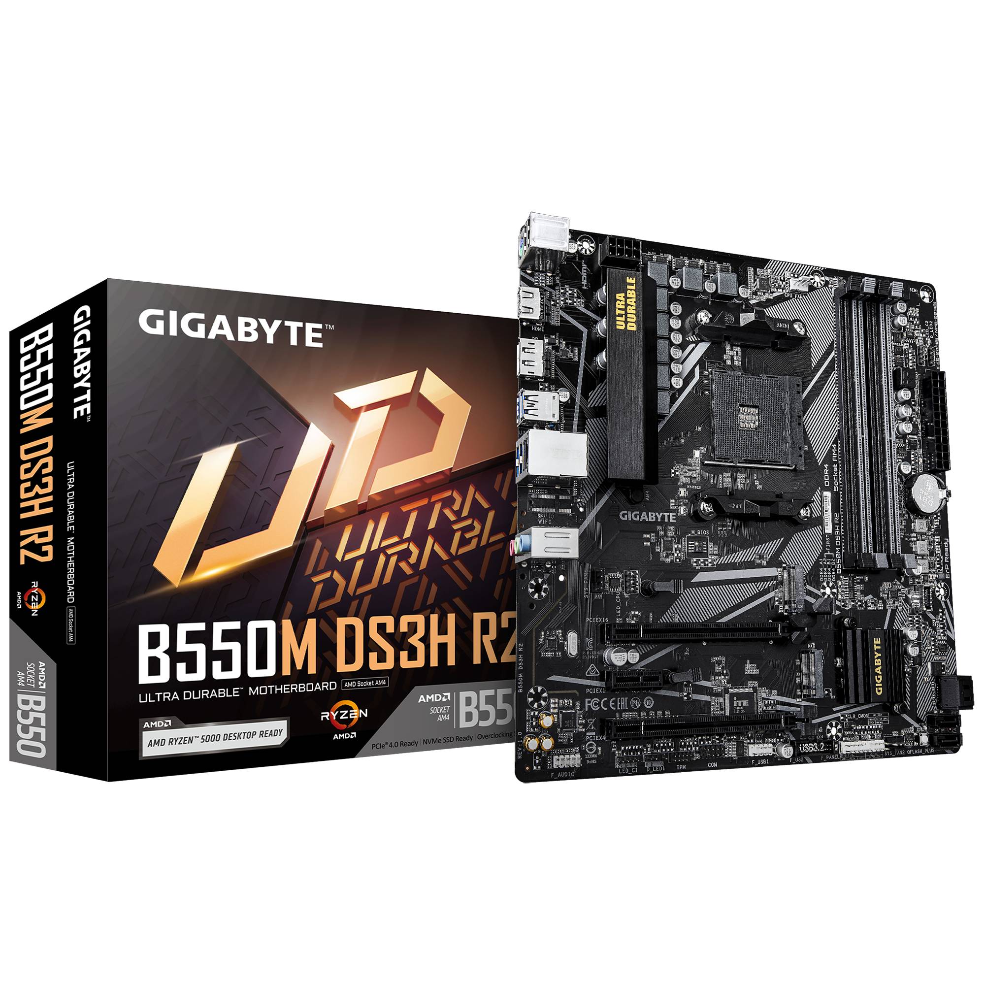 Gigabyte B550M DS3H R2 Motherboard neben seiner Einzelhandelsverpackung gezeigt, mit „Ultra Durable