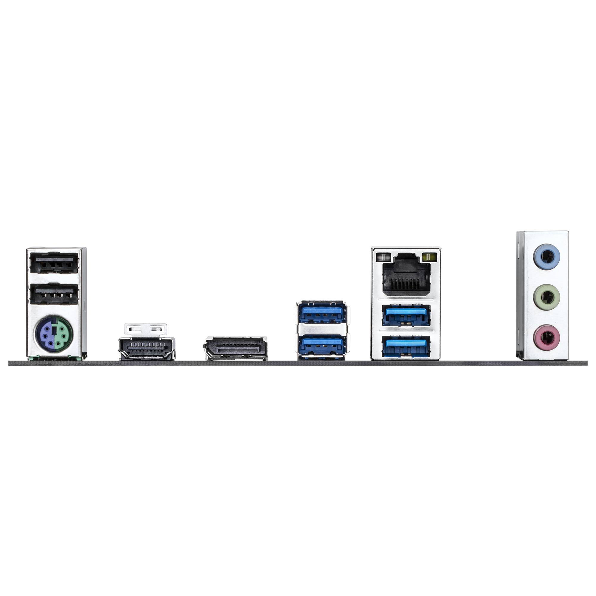 Rückseite des Motherboards mit I/O-Anschlüssen: PS/2, HDMI, DisplayPort, zwei USB 3.0, Ethernet, zwei USB 3.0 und drei Audio-Buchsen.