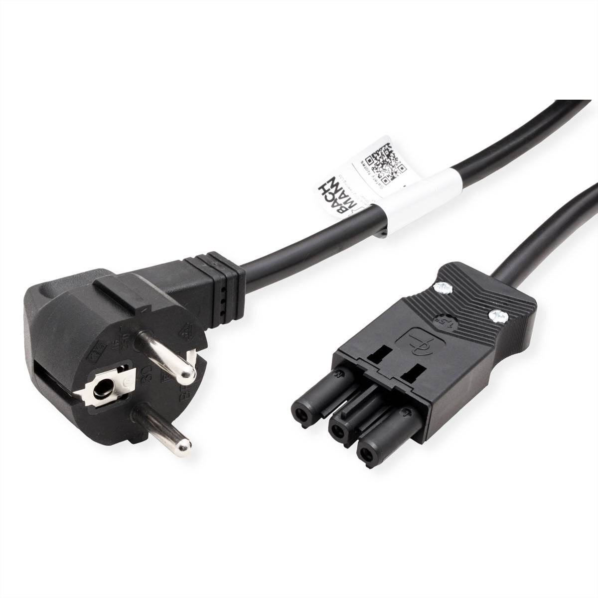 Ein schwarzes Stromkabel mit einem zweipoligen europäischen Stecker an einem Ende und einem dreipoligen Anschluss am anderen Ende, das für elektrische Geräte verwendet wird.