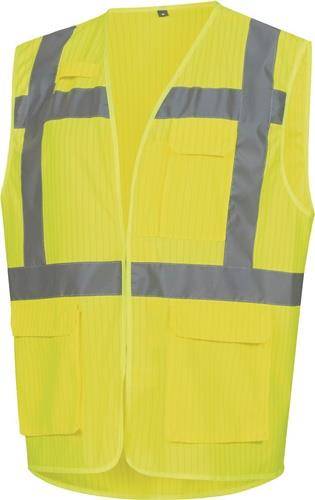 Eine leuchtend gelbe Sicherheitsweste mit reflektierenden grauen Streifen, die normalerweise zur Sichtbarkeit auf Baustellen oder in Arbeitsumgebungen im Freien getragen wird.