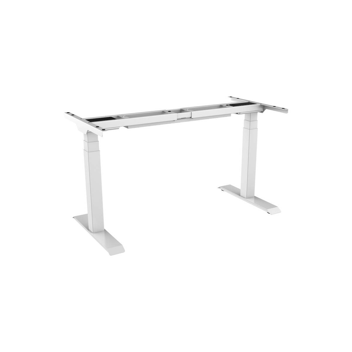 Ein verstellbarer Schreibtischrahmen mit höhenverstellbarem Gestell, zwei robusten Beinen und einem eleganten, modernen Design, geeignet für Sitz-Steh-Arbeitsplätze.