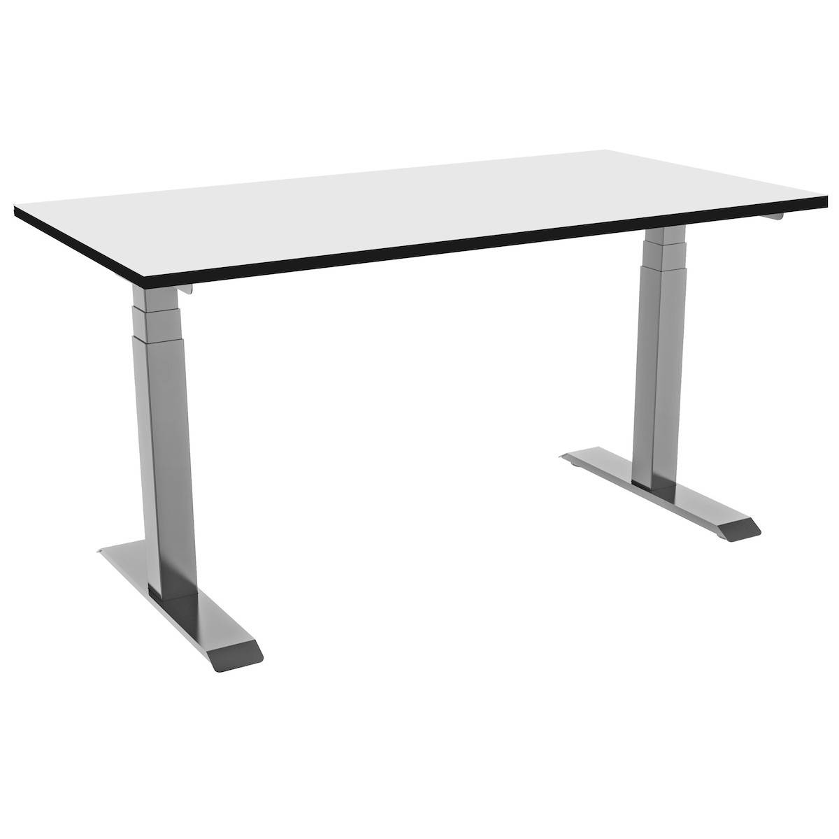 Höhenverstellbarer Stehschreibtisch mit eleganter, weißer Tischplatte und metallischen Beinen. Ideal für flexible Arbeitsplatzgestaltung.