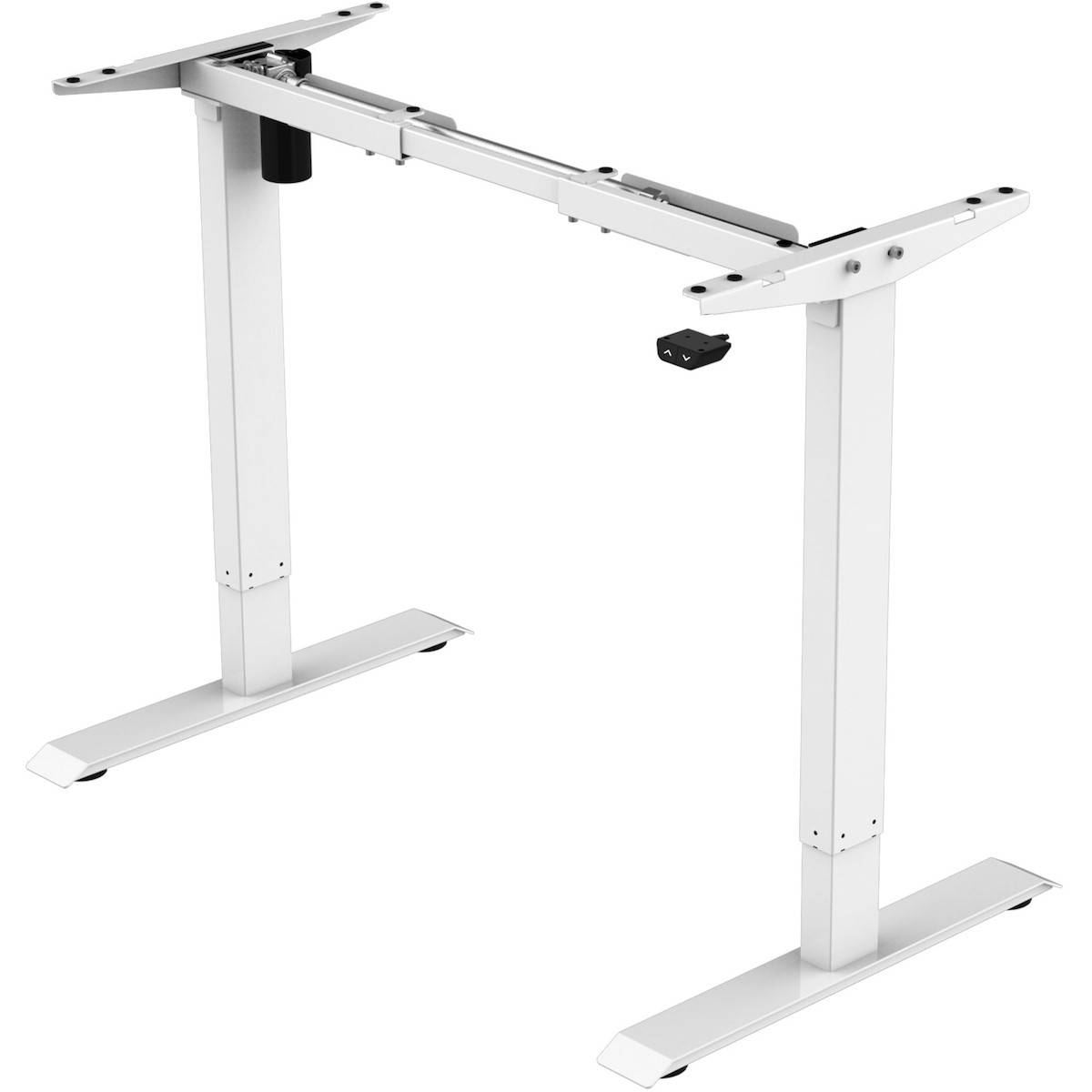 Höhenverstellbares weißes Schreibtischgestell mit zwei Beinen und einer Querstrebe, ausgestattet mit einem Schalter zur Höhenverstellung des Schreibtisches.