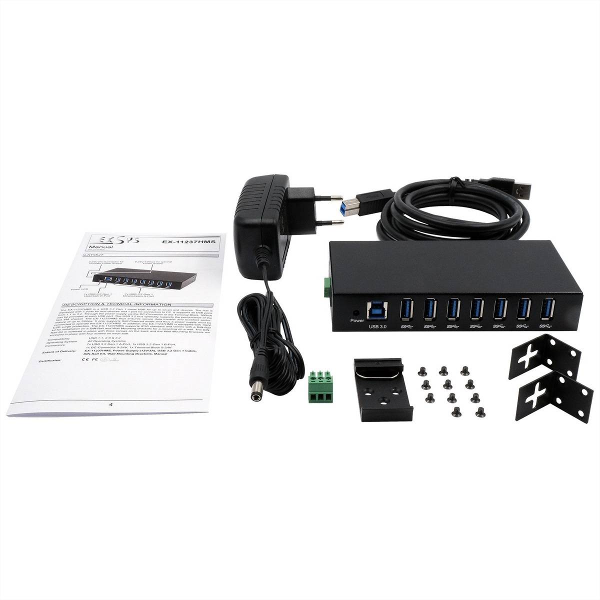 EXSYS EX-11237HMS-2 7 Port USB 3.2 Gen 1 HUB Din-Rail Kit