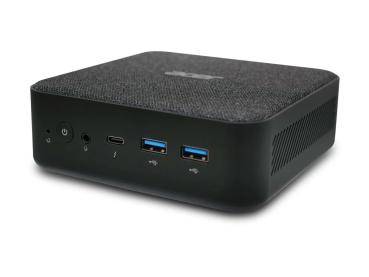Eine kompakte schwarze Computerbox mit mehreren Anschlüssen, darunter USB- und Kopfhörerbuchsen, an der Vorderseite. Die Oberseite ziert ein dezentes Logo.