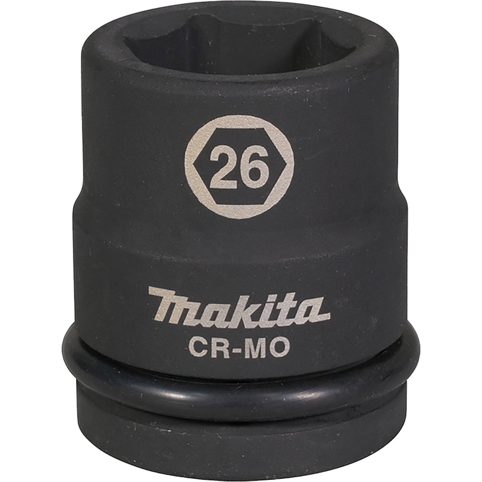 Eine schwarze Makita CR-MO Schlagschrauber-Stecknuss mit der Zahl '26', die die Größe anzeigt. Die Stecknuss ist zylindrisch und für den Einsatz unter extremen Belastungen konzipiert.