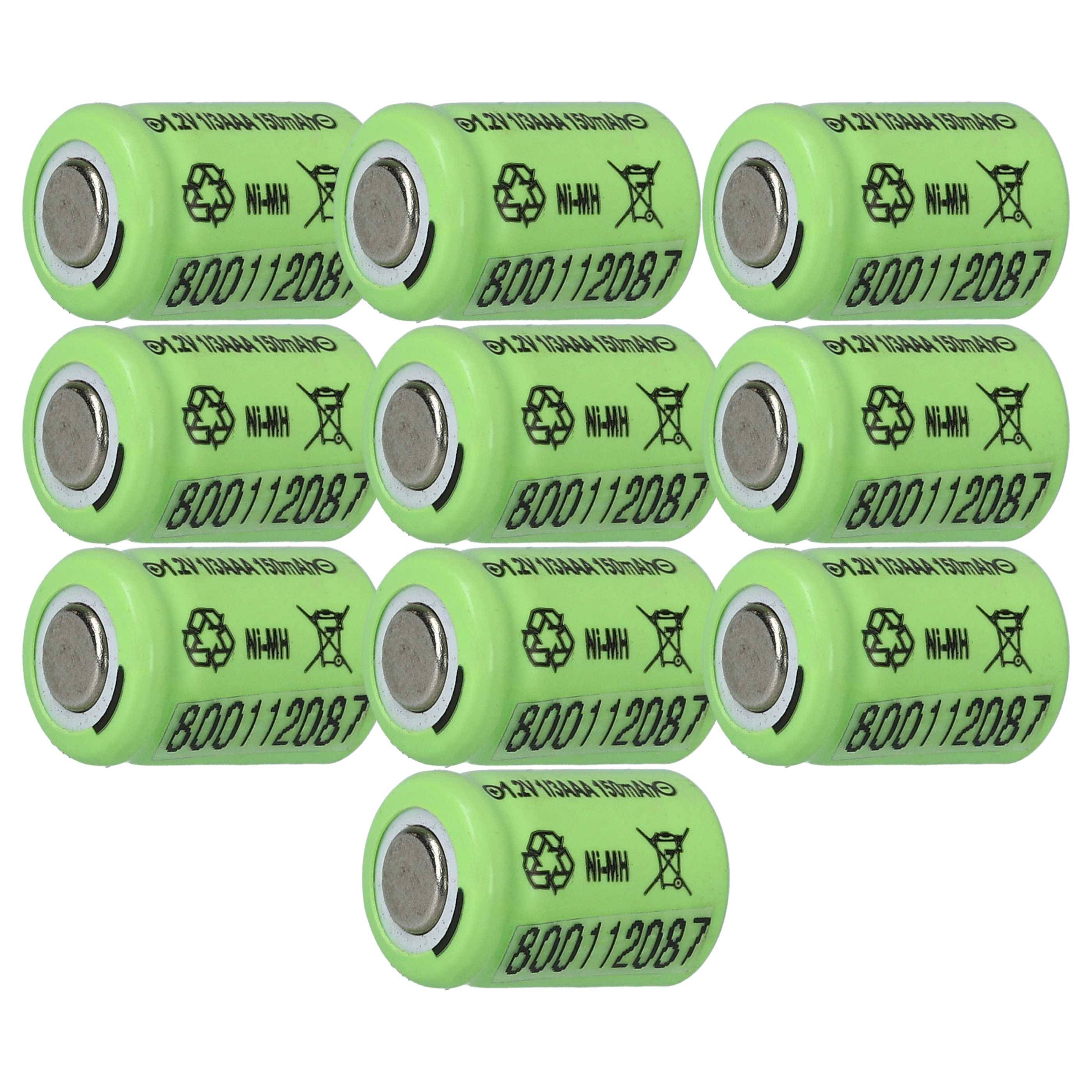 Neun grüne zylindrische Batterien auf einem weißen Hintergrund in einem Gitter angeordnet, jede mit Recycling-Symbolen und der Nummer 800112087 gekennzeichnet.