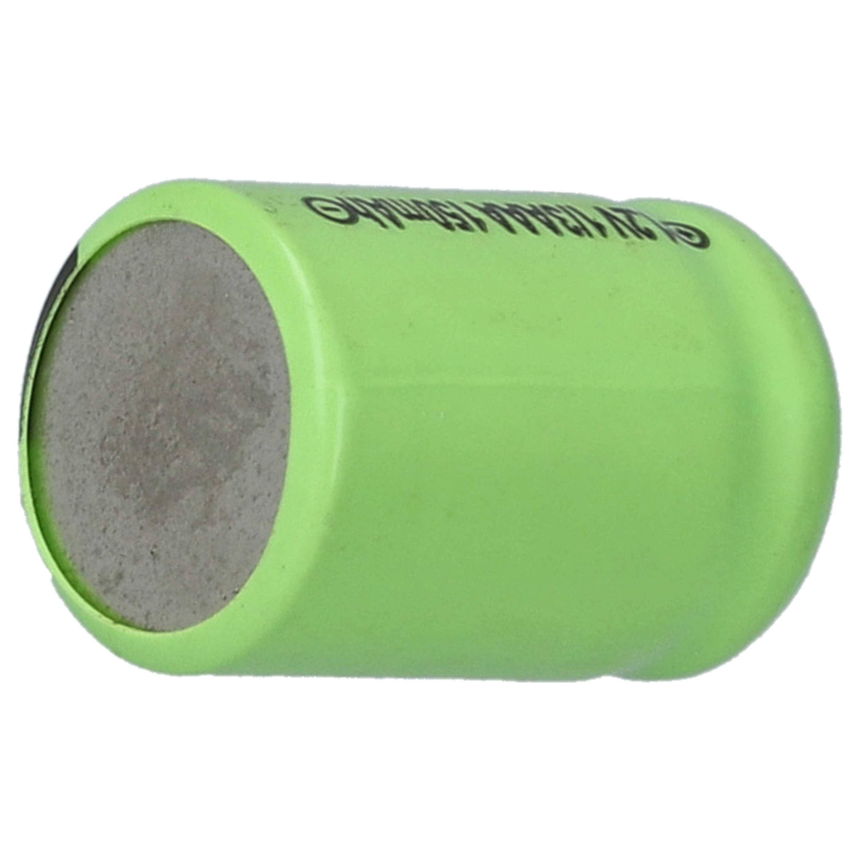 Grüne zylindrische Batteriezelle mit einem freiliegenden grauen Metallende auf weißem Hintergrund.