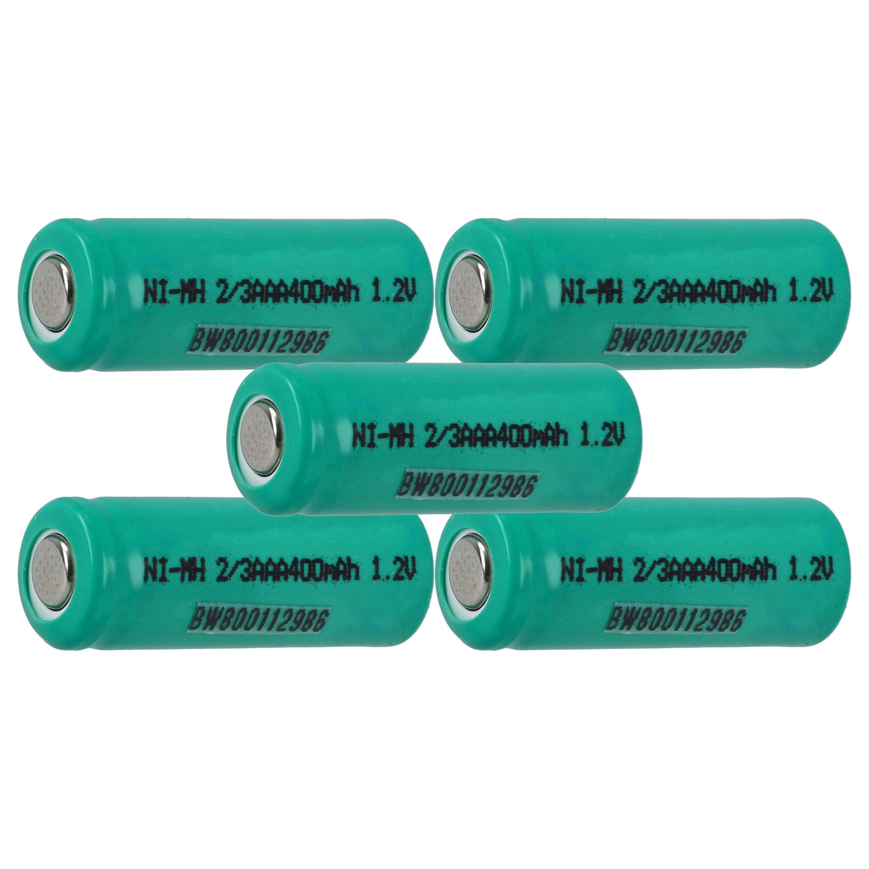 Fünf grüne wiederaufladbare Ni-MH-Batterien mit der Aufschrift „2/3AAA 400mAh 1,2V