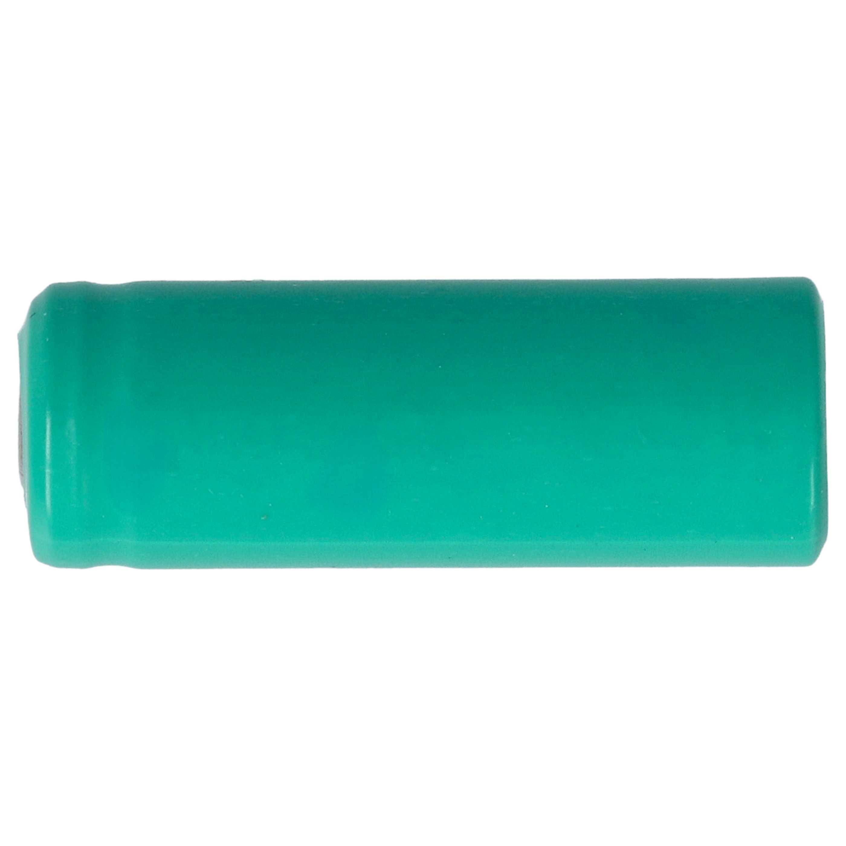 Eine türkisfarbene zylindrische Batteriezelle, horizontal auf einem einfachen weißen Hintergrund gezeigt.