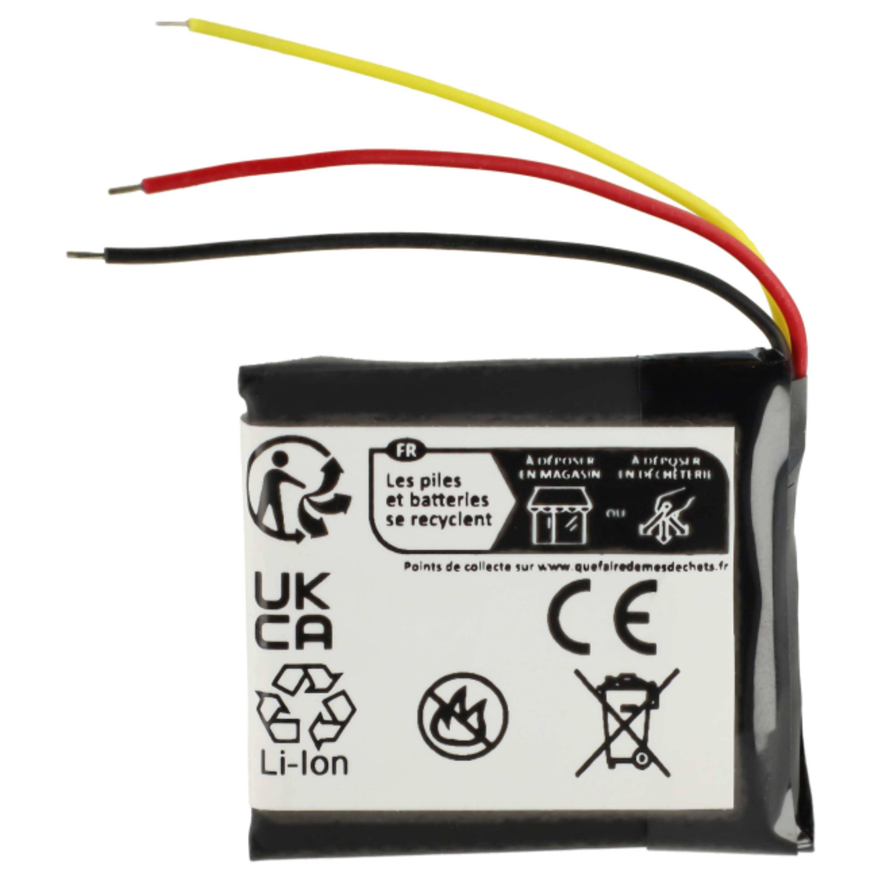 Eine kleine, rechteckige Lithium-Ionen-Batterie mit roten, gelben und schwarzen Drähten. Sie zeigt Symbole und Recyclinginformationen in Französisch an.