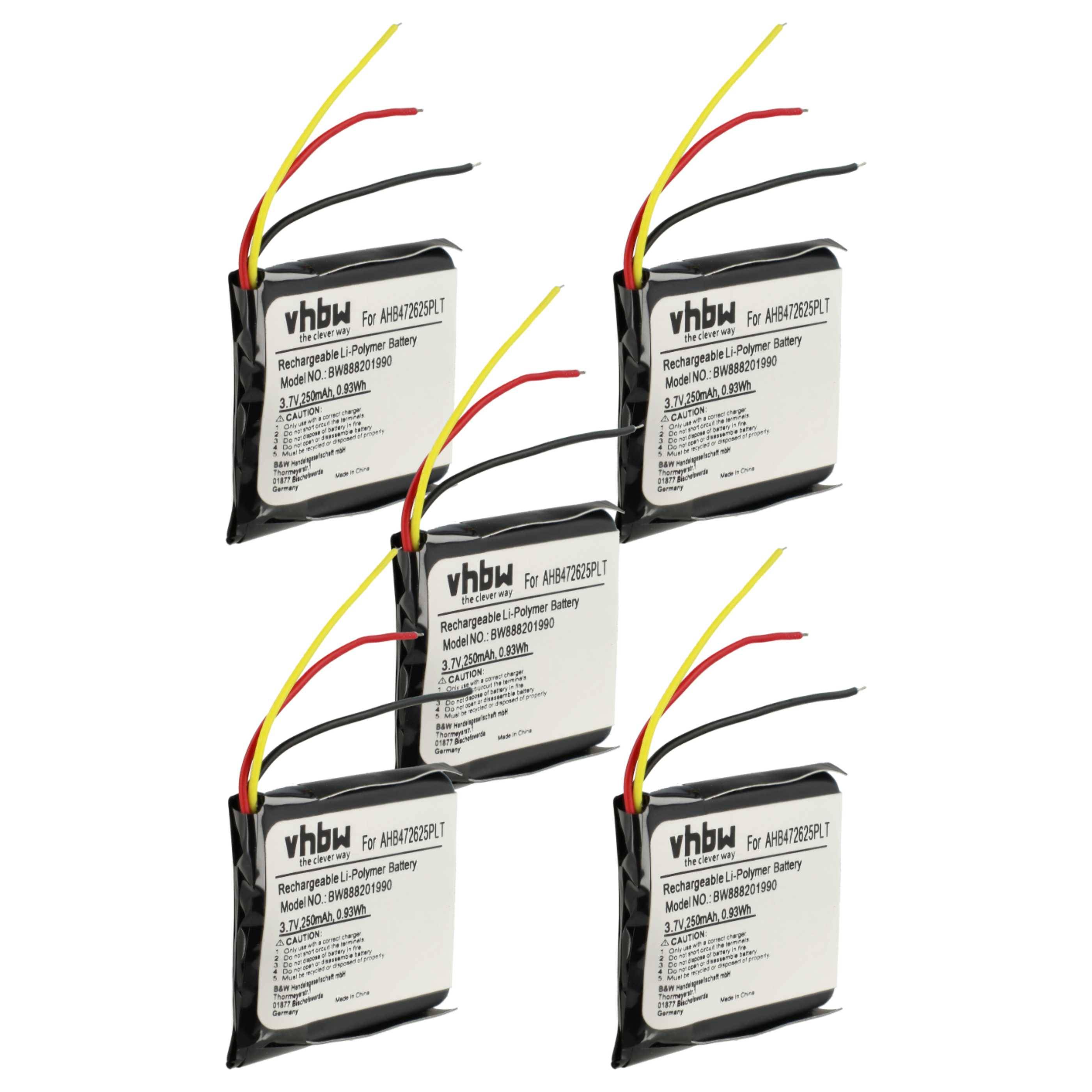 vhbw 5x Akku Ersatz für Jabra CP-GN650, AHB472625PLT, AHB682828PS für Wireless Headset Kopfhörer (250 mAh, 3,7 V, Li-Polymer)