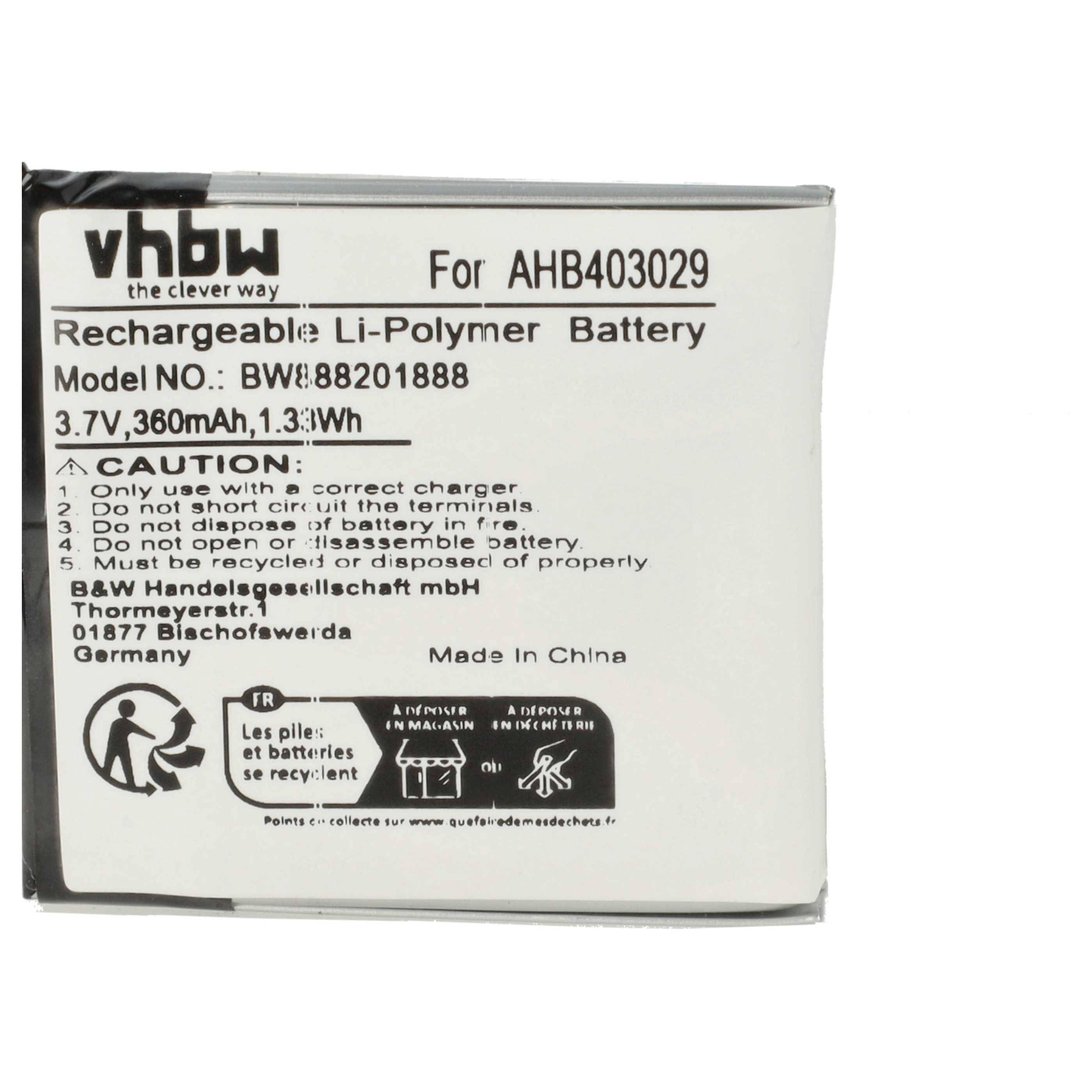 Wiederaufladbare Li-Polymer-Batterie für AHB403029, 3,7V, 360mAh, 1,3Wh. Mit Sorgfalt behandeln und ordnungsgemäß recyceln. Hergestellt in China.